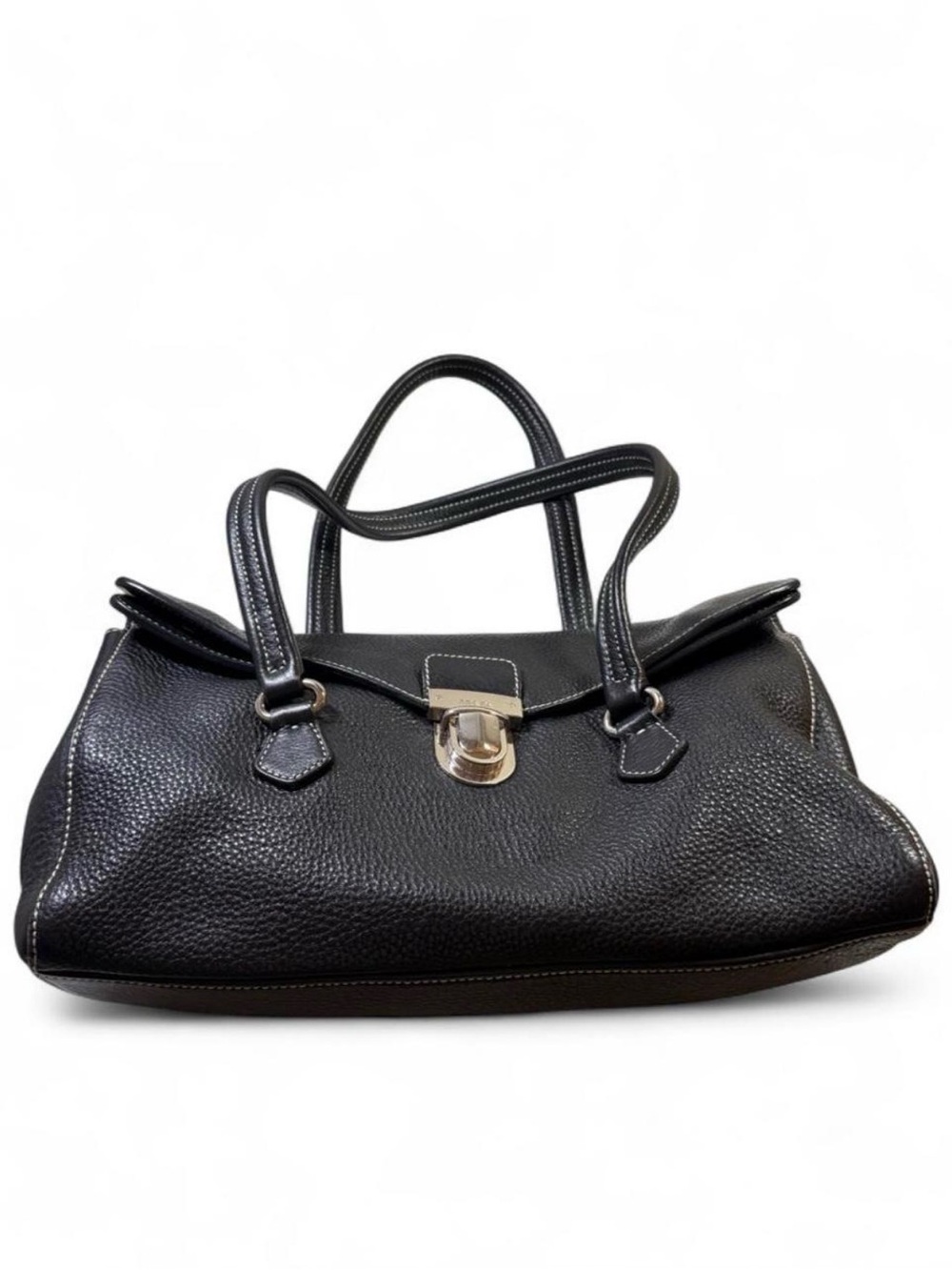 Prada Black Pebbled Leather Shoulder Bag with Silver Turn-Lock